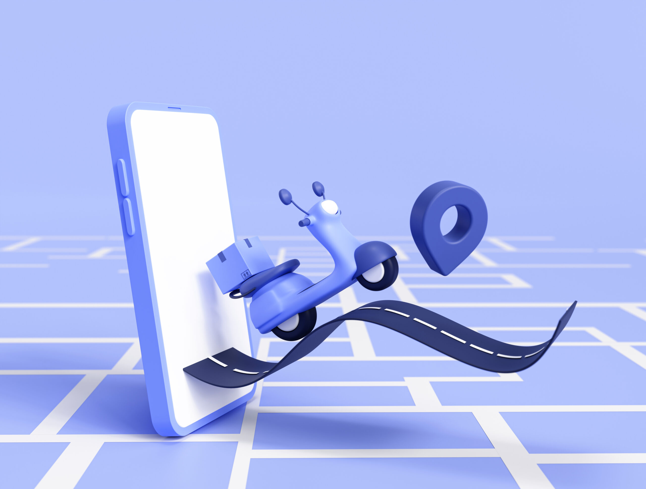 Delivery scooter out of the smartphone and location pointer onli Delivery scooter out of the smartphone and location pointer online delivery e-commerce concept on blue background 3d illustration