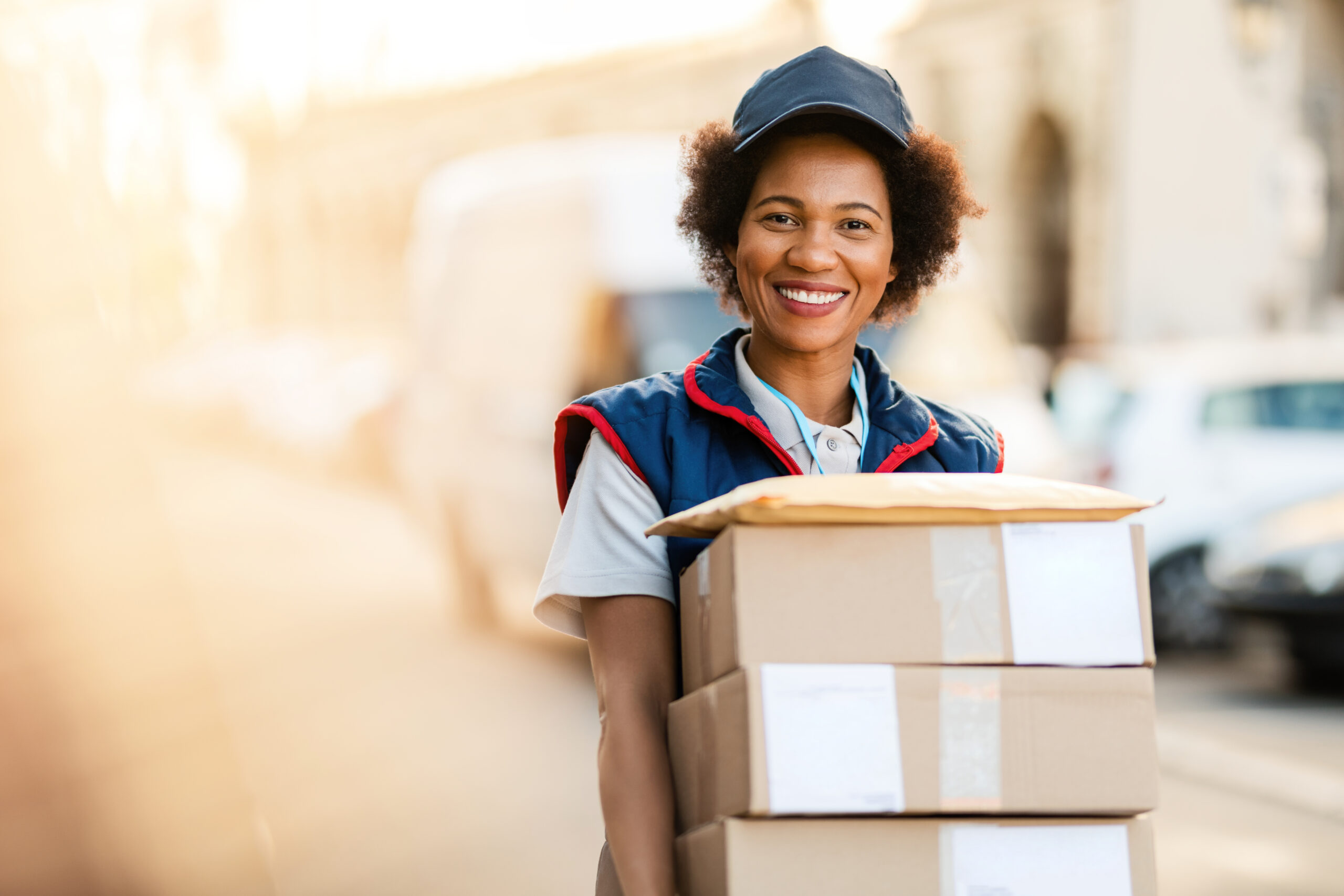 Portrait of happy African American deliverer with packages. Portrait of happy black courier delivering packages and looking at the camera.